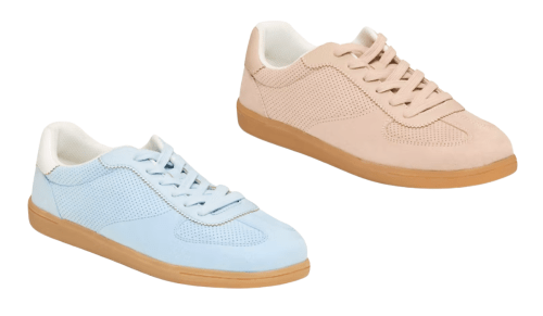 light pink and light blue gum-sole lace-up sneakers