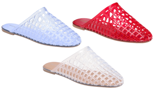 light blue, clear, and red jelly mules