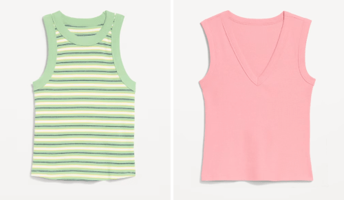 green striped ribbed tank and light pink v-neck ribbed tank