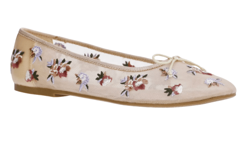 sheer beige flats with floral design