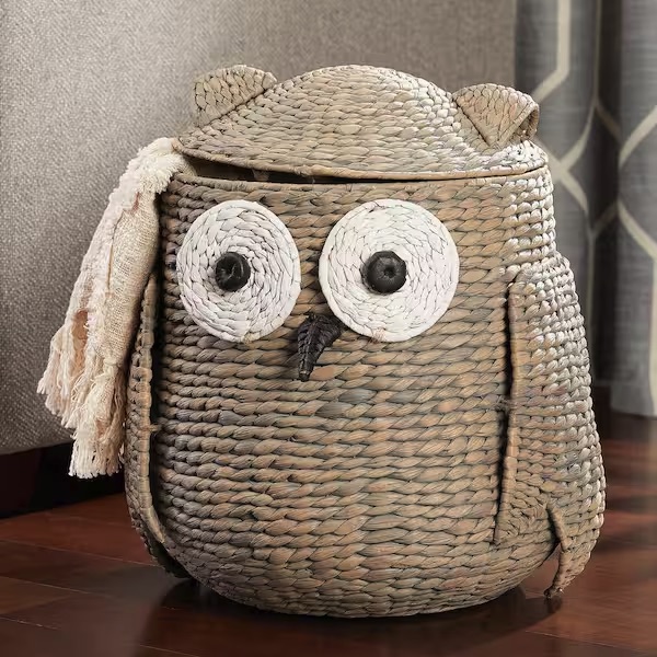 Owl Wicker Water Hyacinth Woven Decorative Basket with Lid