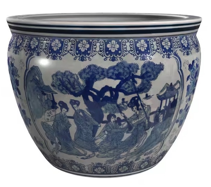Red Lantern Blue and White Porcelain Fishbowl