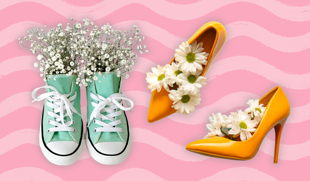 spring shoes against a pink background