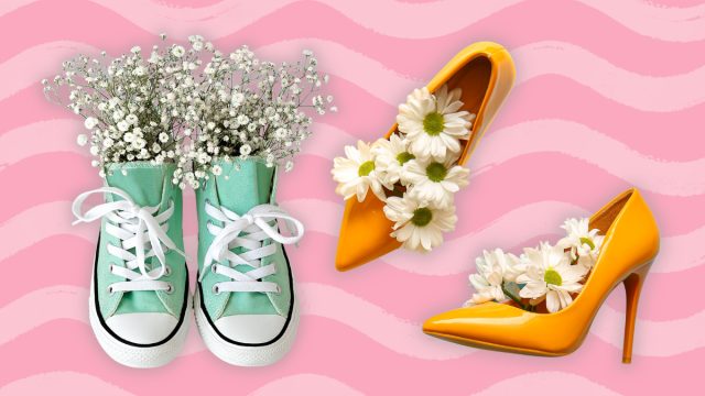 spring shoes against a pink background