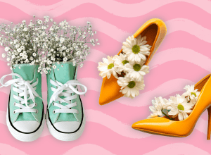 spring shoes against a pink background