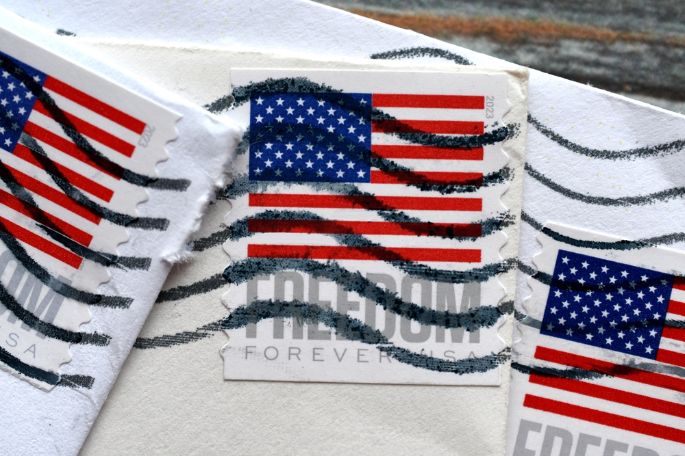 American flag stamps on an envelope