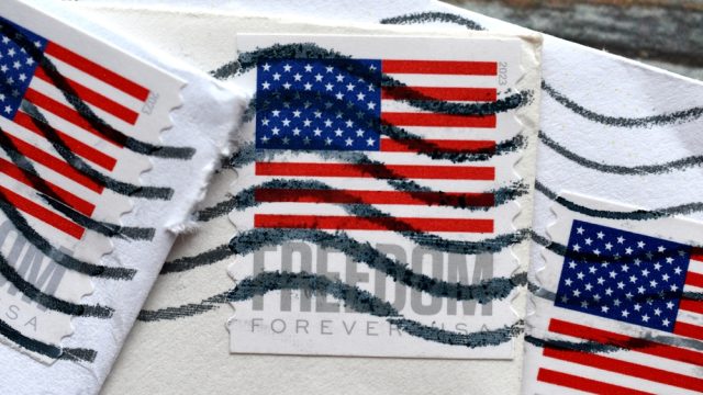 American flag stamps on an envelope