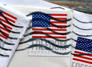 American flag stamps on an envelope