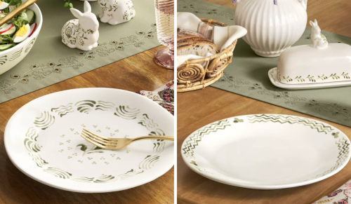 cream and green stoneware dishware