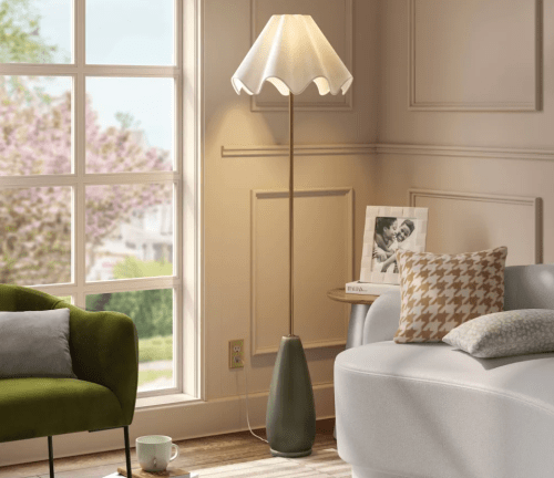 floor lamp with a wavy shade in a living room