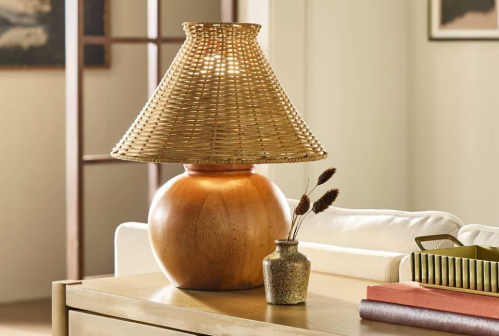 round wood table lamp with rattan shade