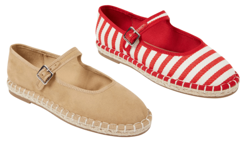 beige and red/white striped espadrille flats
