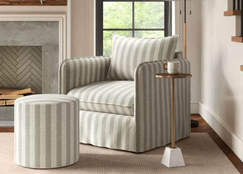 light green and cream striped linen lounge chair