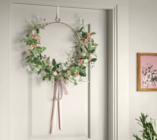 spring floral asymmetrical wreath on a door