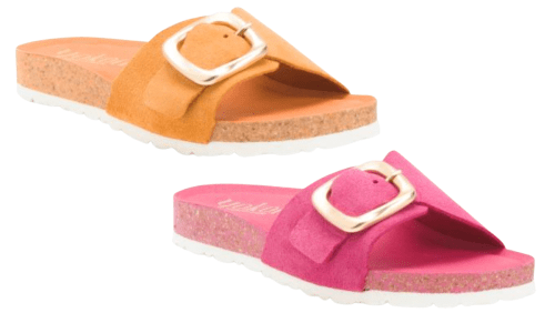 orange or pink buckle slide sandals