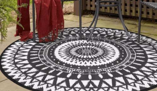 black and white round outdoor rug