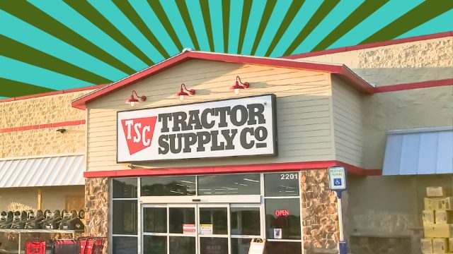 Tractor Supply store with a green and teal striped background