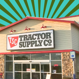 Tractor Supply store with a green and teal striped background