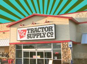 Tractor Supply store with a green and teal striped background