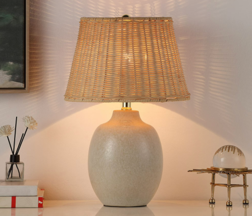 cream ceramic table lamp with rattan shade