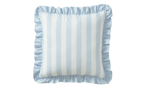 light blue and white striped outdoor pillow with ruffles