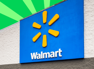Walmart logo on a store with a green background