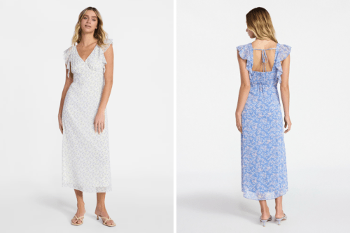 front and back of a white and blue sundress