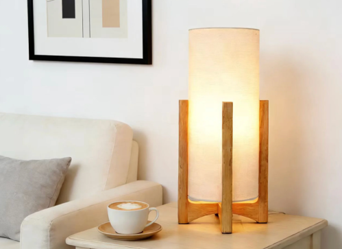 modern wood table lamp with a natural shade