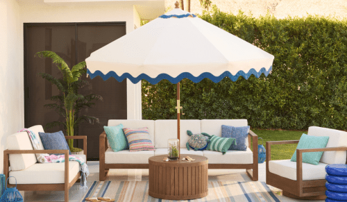 cream and blue wavy outdoor umbrella