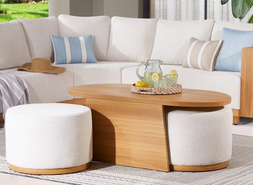 Better Homes & Gardens Juliet Outdoor Coffee Table and 2 Ottomans with Patio Cover, Beige