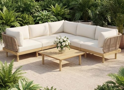 Christopher Knight Home Mason Modern 6-Piece Acacia Wood and Rope L-Shaped Modular Sectional Sofa Set with Coffee Table, Light Teak/Beige/Cream