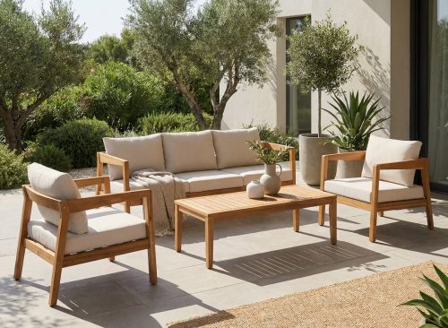 Christopher Knight Home Phachara Modern 4 Piece Acacia Wood Patio Seating Set with Cushions and Slatted Table, Teak/Beige