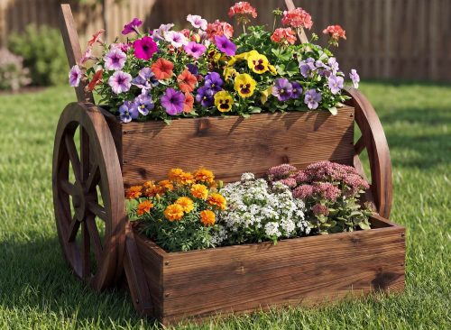Costway 1 PCS Rustic Wood Wagon Planter2-Tier with Wheels Handles&Drainage for Patio Balcony