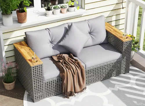 Costway 2 PCS Patio Corner Sofa Set with Thick Cushions Wide Acacia Wood Armrests for Garden Gray