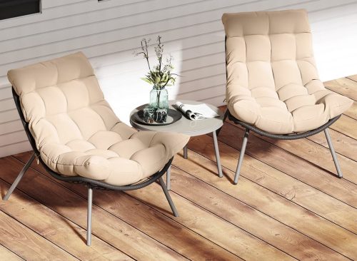Costway 3 PCS Patio Furniture Set with Cushioned Papasan Chairs Tempered Glass Coffee Table Brown