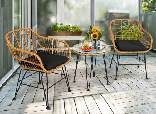 Costway 3PCS Patio Rattan Bistro Furniture Set Cushioned Chair Table Black