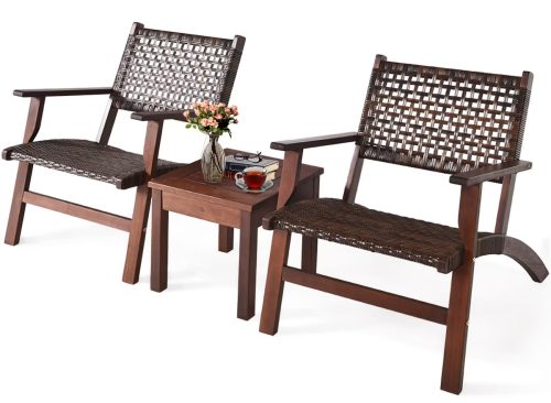 Costway 3PCS Patio Rattan Furniture Set Solid Eucalyptus Wood Frame Bistro Set with Coffee Table Patio Conversation Set (Brown)