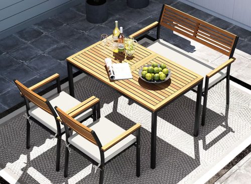 Costway 4 PCS Patio Furniture Set with Acacia Wood & Metal Frame Umbrella 1 table