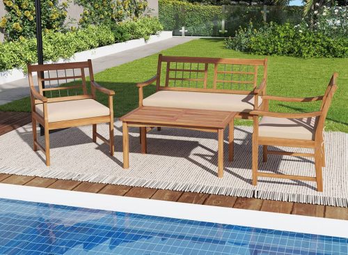Costway 4 PCS Wood Patio Furniture Set with Soft Seat Cushions Solid Acacia Wood Frame Off White