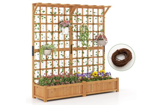 Costway 71" Large Wooden Planter Container with Trellis, Hanging Roof 4 Drainage Holes
