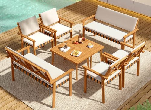 Costway 8 PCS Wood Furniture Set with Coffee Table Seat Back Cushions for Backyard, Porch