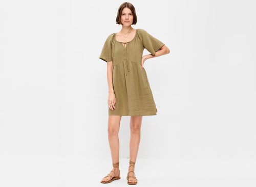 Crinkle Gauze Flutter-Sleeve Mini Swing Dress