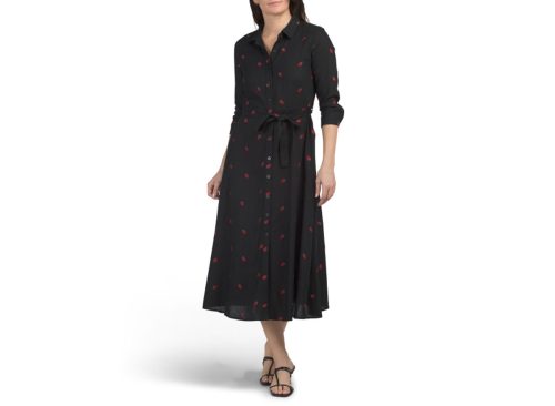ELLEN TRACY Linen Blend Belted Shirt Dress With Embroidered Details