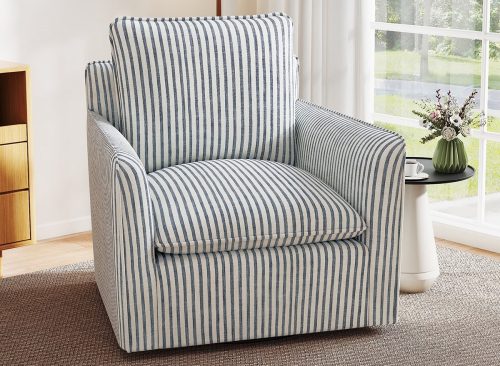 Ebello 360° Swivel Chair with Thick Cushion – Blue Stripe Fabric Accent Chair for Living Room, Bedroom, Office – Fully Assembled