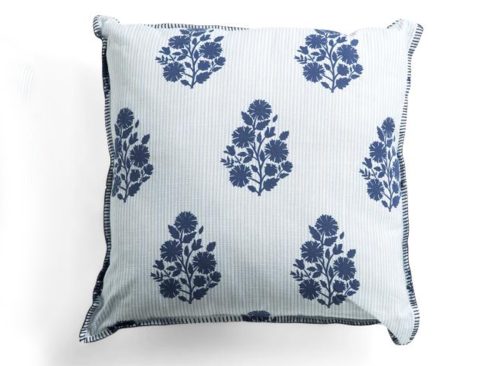 INDIGO FABLES 20x20 Floral Striped Block Print Whipstitch Trim Pillow