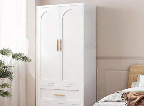 Jopath Metal Wardrobe Closet,60" Tall Armoire Wardrobe Cabinet 1 Drawers and Hanging Rod,Clothes Storage Organizer Cabinets for Bedroom,Office,Living Room,White02