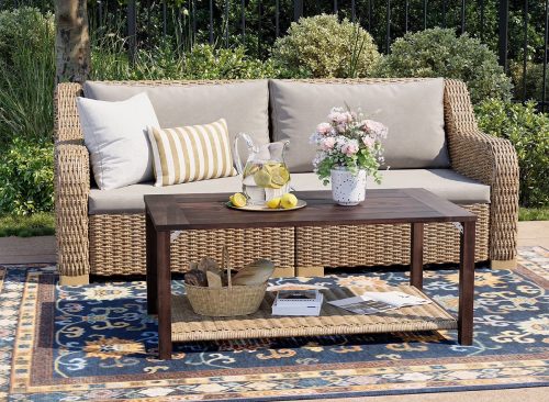 LHBCraft 3-Pieces Outdoor Patio Furniture Set, Wicker Loveseat and Coffee Table Set, with Grey Cushions and Natural Wicker