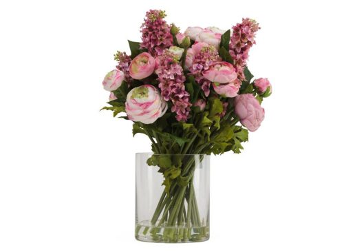 LILLIAN AUGUST FRENCH FARMHOUSE Faux Ranunculus And Lilac Arrangement In Glass