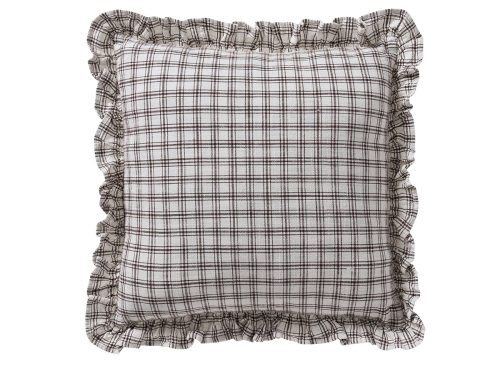 My Texas House 18" x 18" Ivory/Brown Ruffle Plaid Cotton Decorative Pillow