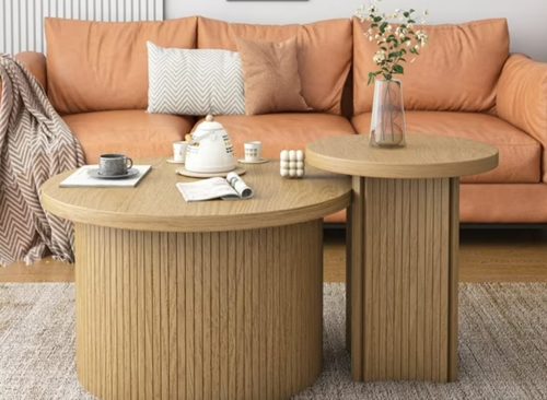Nesting Coffee Table Set of 2, Wooden Round Coffee Table, Modern Circle Side Table, Accent End Side Table for Living Room, Office, Balcony
